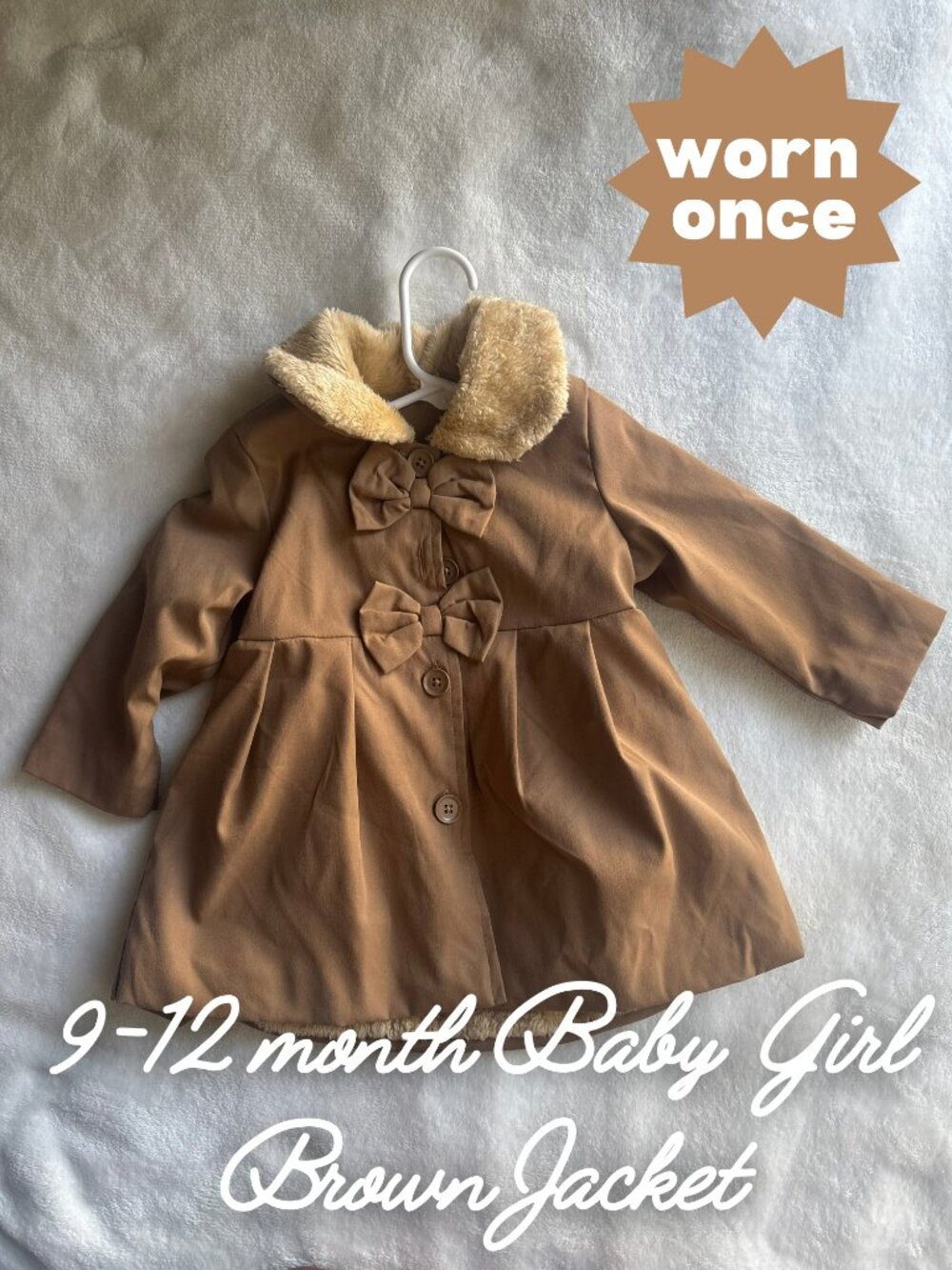 Baby Girl Tan/Brown Jacket | 9–12 Months | Faux Fur Collar | Winter Coat